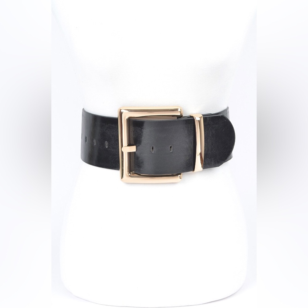 Black Vegan Leather Statement Belt with Gold Buckle